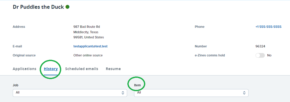 History tab from the Applicant Card