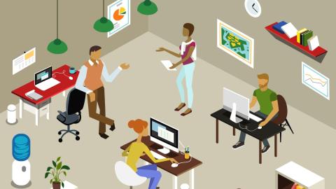 people chatting and working together