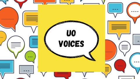 Text: UO Voices in a speech bubble on a background of speech bubbles